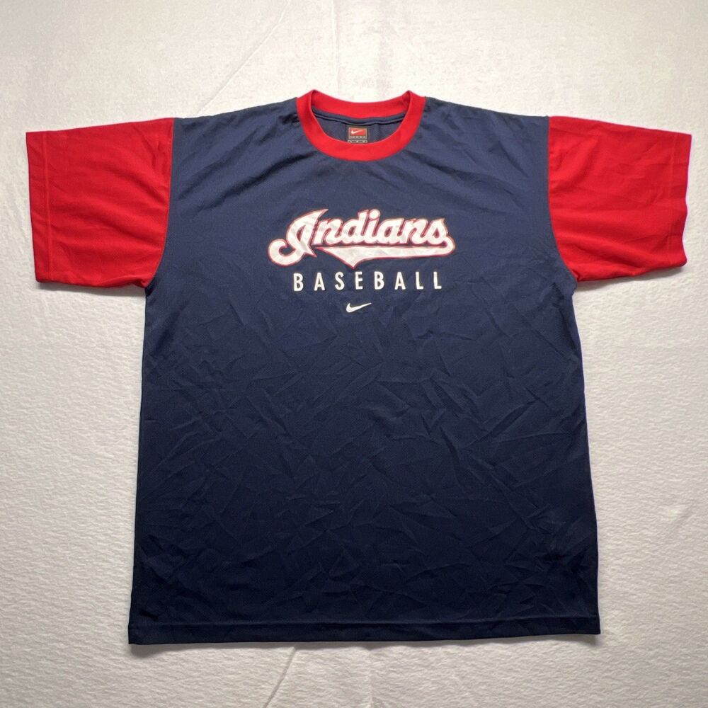 Vintage 90s Nike Team Cleveland Indians Center Swoosh Blue Red Jersey T-Shirt Lg